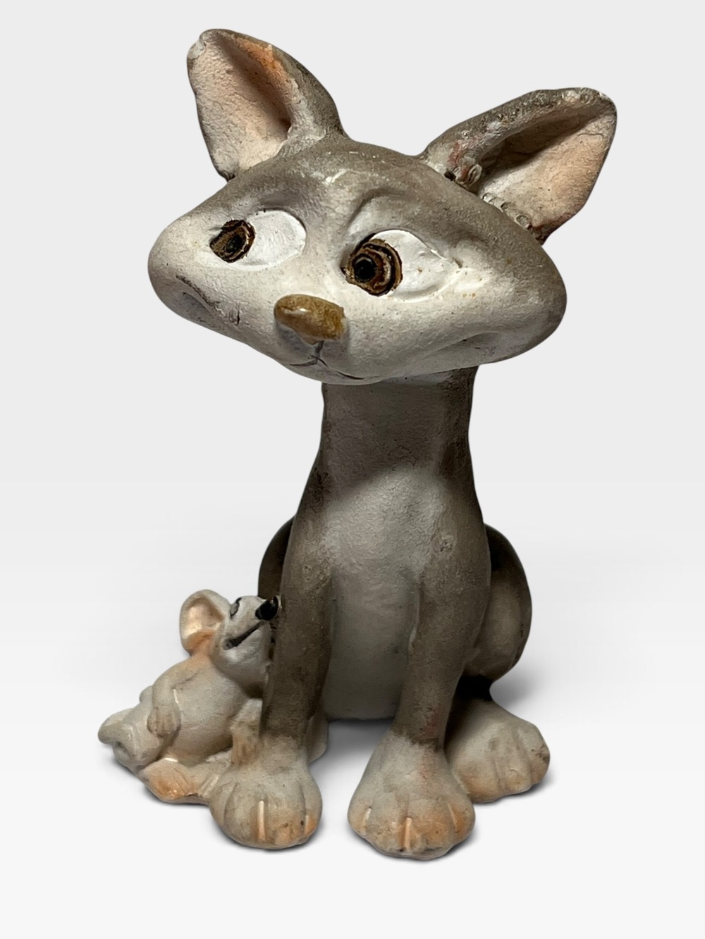 Hand-Painted Gray Ceramic Cat with Mouse Figurine 
Kitschy